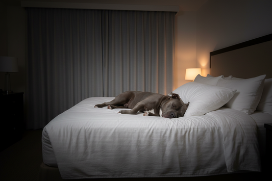  pit bull dog sleeping like a person on a crisp white hotel bed with fluffy pillows, two dim bedside lamps, and fully closed light gray blackout curtains — hotel sleep secrets, best sleep tips, dog life, pit bull lifestyle